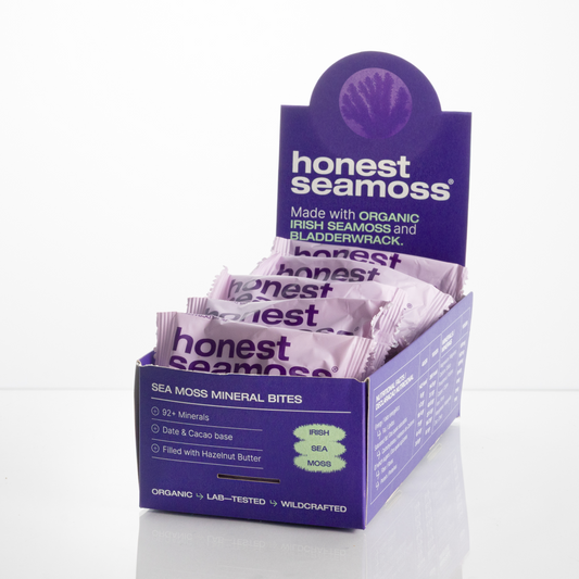 Honest sea moss mineral bites in a display box. Made with dates, cacao, and bladderwrack added for a more complete mineral profile