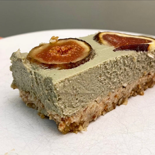 Vegan matcha cheesecake made with honest sea moss gel and figs