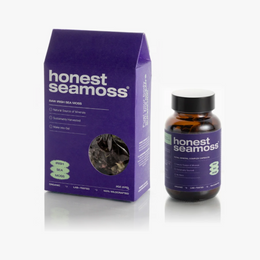 Sea Moss Daily Duo: one Raw Irish Sea Moss 2oz box and one Mineral Complex Capsules glass bottle